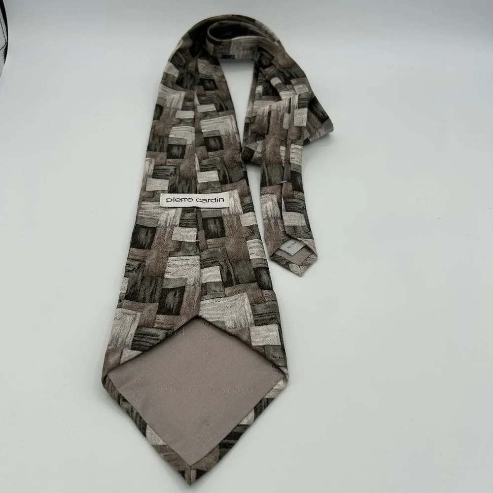 Pierre Cardin Necktie Geometric Blocks Mens OS Grey Brown Silk Vintage 90s